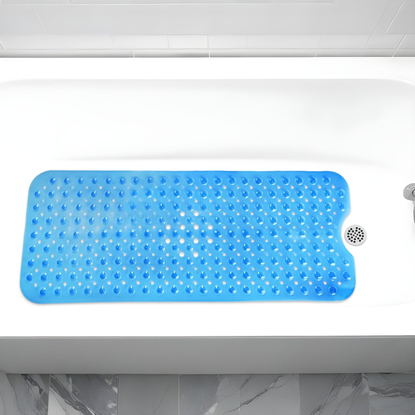 40" Translucent Blue  Non Slip Bathtub Mat with Suction Cups & Drain Holes