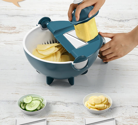 9-in-1 Multi-Function Vegetable Slicer & Cutter with Integrated Drain Basket