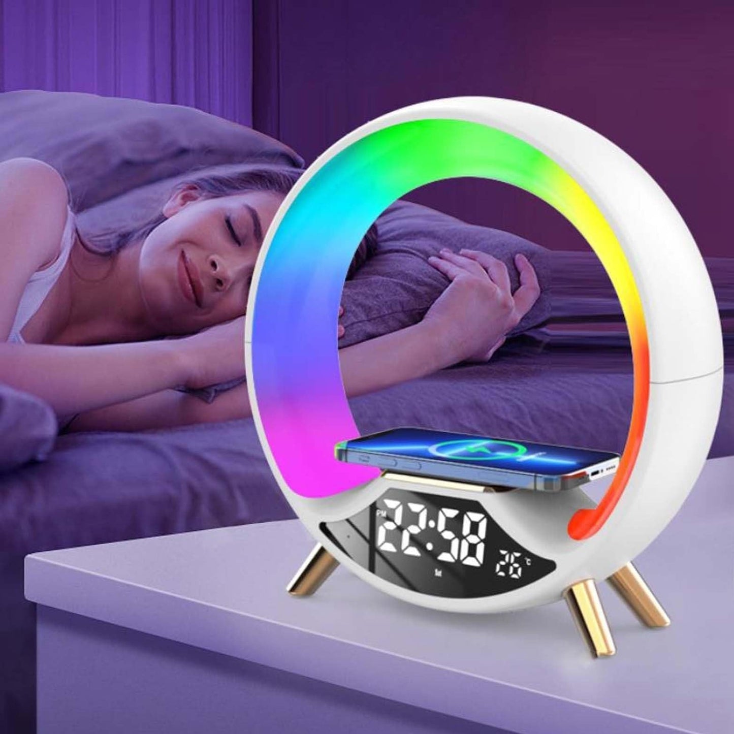 3-in-1 Smart Bedside Station Wireless Charger, Dimmable Lamp & Digital Clock